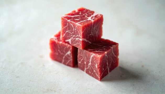 Three wagyu beef cubes stacked. Raw meat cubes showcase marbling texture, quality. Gourmet ingredient on bright surface. Cooking food prep for luxury meal. Culinary presentation detail for expensive - Powered by Adobe