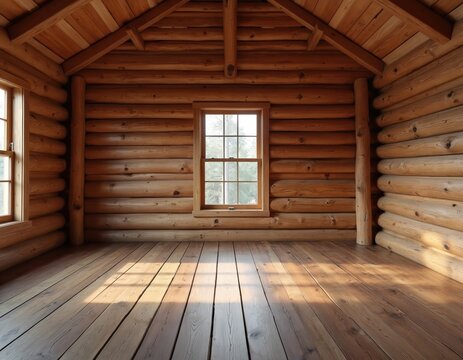 Empty log cabin interior with natural wood walls and floors. Sunlight streams through windows illuminating rustic room. Cozy, vacant space invites custom decor. Perfect for retreat or lodge settings.