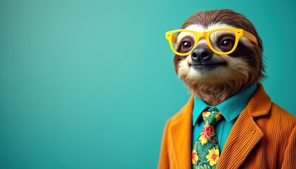 Fototapeta premium Sloth wears yellow glasses and orange suit. Funny animal pose with tie on blue background. Cute mammal smiles looking at camera. Fashion style concept studio shot hipster photo.