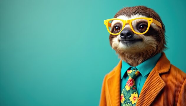 Sloth wears yellow glasses and orange suit. Funny animal pose with tie on blue background. Cute mammal smiles looking at camera. Fashion style concept studio shot hipster photo.