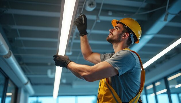 Electrician installs lighting in modern office. Technician wears helmet, gloves. Specialist works with led lamp. Worker fixes electrical equipment, improves workplace with modern light solution.