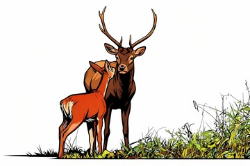 two red deer standing woodland summer nature illustration