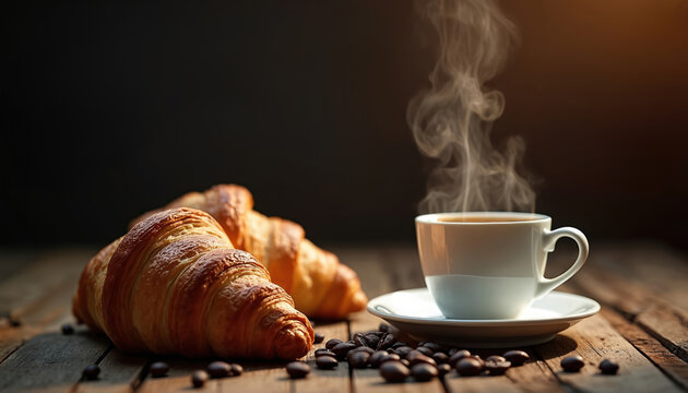 Hot coffee mug steam rises near fresh croissants and roasted coffee beans on rustic wooden table. Morning breakfast with pastry and caffeine beverage. Cozy cafe ambiance for delightful start to day. - Powered by Adobe