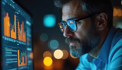 Man analyzes data on screen. Businessman looks at graphs, charts. Analytics pro reviews business analytics info. Consultant works with financial diagrams. Man in glasses studies report on computer
