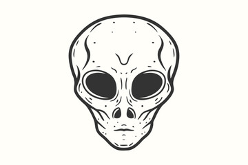 Black and White Outline Skull with Big Eyes, Detailed Skull Art, Flat Design, Spooky