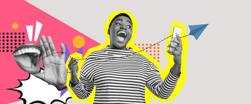 A vibrant collage shows a person expressing joy while holding a phone and surrounded by colorful graphic elements. The design features bold shapes and lively colors that enhance the energy.