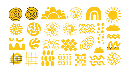 Collection of abstract yellow organic shapes and patterns on a white background