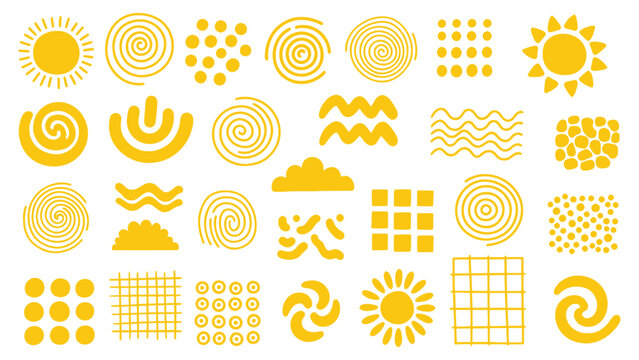 Collection of yellow abstract shapes and patterns inspired by nature and fingerprints