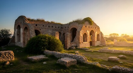 Fototapeta premium Ancient Roman ruins with arched doorways and crumbling brick walls bathed in golden sunset light ancient ruins