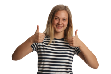 Smiling woman giving thumbs up gesture and happy expression . Isolated on transparent background, png