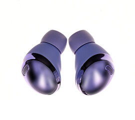 Two earbuds with a black and silver color
