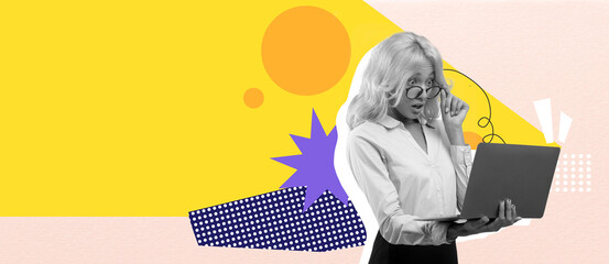 A woman with light hair is focused on her laptop, adjusting her glasses. Bright colorful shapes and...