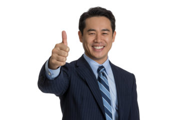 Smiling business man with thumbs up gesture . Isolated on transparent background, png