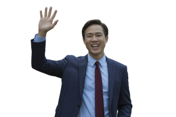 Smiling man in a suit waving his hand . Isolated on transparent background, png