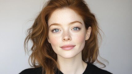 Fototapeta premium Captivating Portrait: An elegant woman with fiery red hair and delicate freckles, her mesmerizing blue eyes sparkling with subtle grace and warmth, radiating a natural beauty.