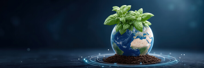 Green globe nurturing basil plant for e commerce sustainability and eco friendly growth