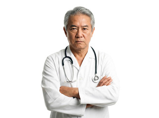 Senior Asian doctor serious expression crossed arms isolated white background png transparent cutout medical professional stethoscope male physician hospital uniform healthcare authority studio shot