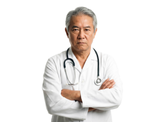 Senior Asian doctor serious expression crossed arms isolated white background png transparent cutout medical professional stethoscope male physician hospital uniform healthcare authority studio shot