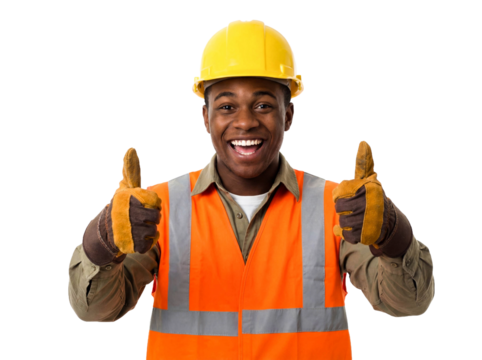 Happy construction worker thumbs up isolated white background png transparent cutout black man hard hat safety vest builder contractor smiling positive gesture success renovation industry studio shot - Powered by Adobe