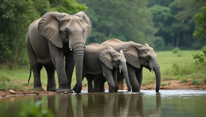 Elephant herd drinks at water hole. Adult, young pachyderms quench thirst in wild savanna. Stand near green trees in natural environment. Animal group enjoys peaceful bonding, serene wildlife scene