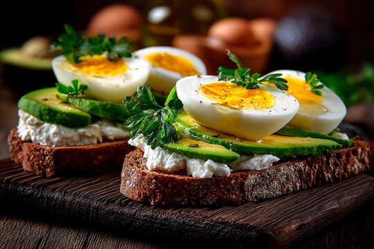 Slices of dark bread topped with creamy cheese, avocado, boiled eggs, and herbs are arranged on a wooden board. The setting has a warm and inviting feel
