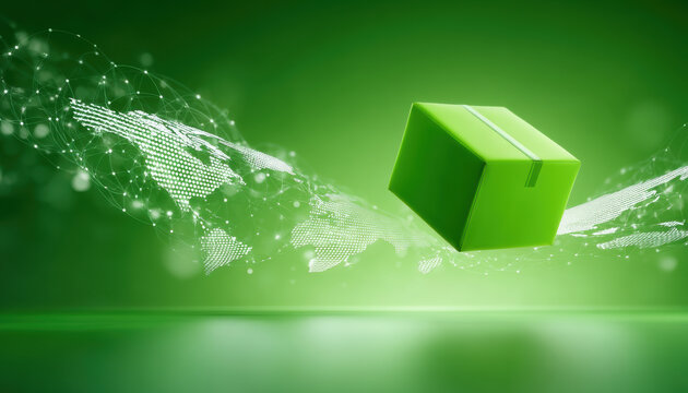 Green e commerce globe concept with floating parcel symbolizing sustainable online delivery