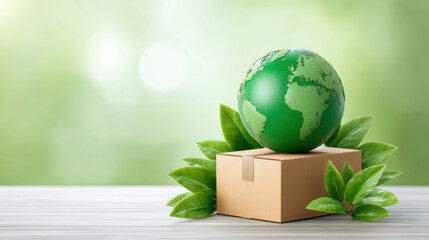 Green globe e commerce package concept with cardboard box and fresh leaves evoking sustainable