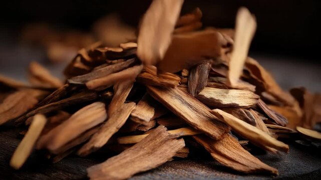 Natural wood chips arranged on a dark wooden surface showcasing texture and earthy colors