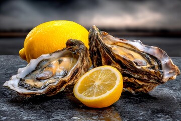 Two opened oysters sit beside lemon halves on a dark surface. The scene captures the fresh seafood waiting to be enjoyed. This setup invites seafood lovers for a taste