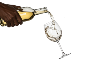 Detailed african american hand pouring light golden white wine into a tasting glass, capturing the frozen dynamic splash, isolated on a transparent background with copy space. Concept for beverage