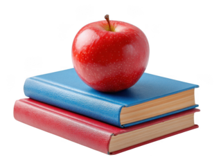 Red apple on stack of blue and red books isolated on transparent background