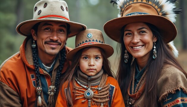 Indigenous family portrait. Man, woman, child wear ornate hats, traditional clothes, jewelry. Stand together in nature, showing cultural heritage. Parents smile, child looks serious, reflecting