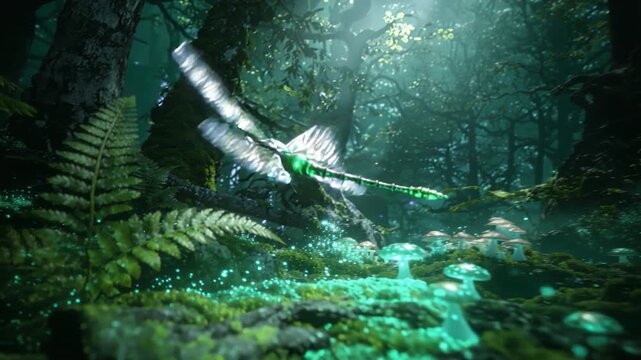 A majestic crystalline dragonfly with glowing filigree wings soars through an enchanted forest lit by bioluminescent mushrooms and soft emerald light, pure magic