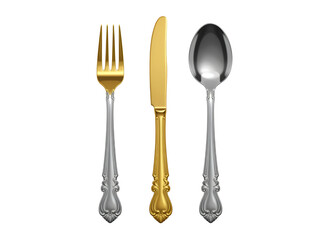 Fork knife and spoon silverware set on white background