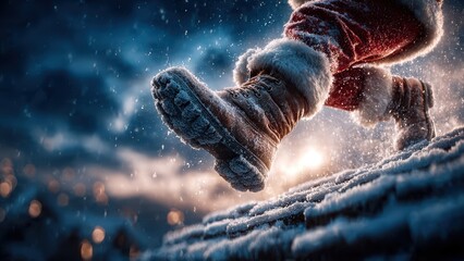 Santa Claus Standing on Snowy Chimney in Winter Night