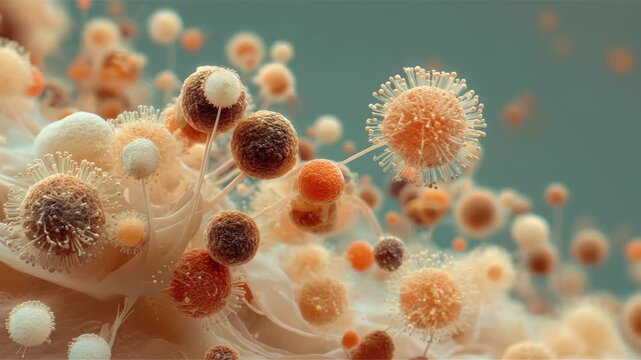 Close-up view of colorful microorganisms on a surface in a lab setting showcasing their diverse forms and textures