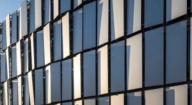 Modern Building Facade with Rectangular Panels and Geometric Shadows architecture contemporary - Powered by Adobe