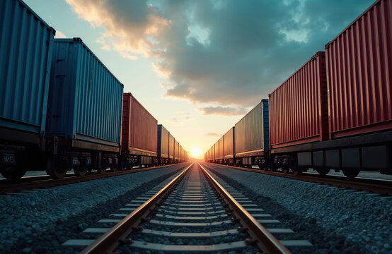 Two trains with cargo containers stand. Sunset shines on railway tracks. Freight shipping shows global trade transport. Industry background represents logistics challenges. Supply chain concept shows