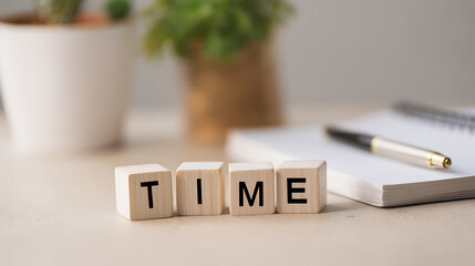 Focus on time efficiency, organizing your time for optimum effectiveness with time management. A modern workstation with a notebook, pen, and office decorations.