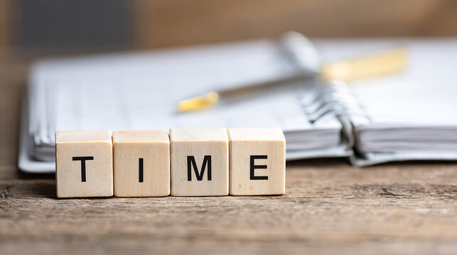 Time is valuable! Wooden blocks spelling 'Time' sit next to an open notebook and pen. A reminder to make every moment count, plan effectively, and cherish our limited time.