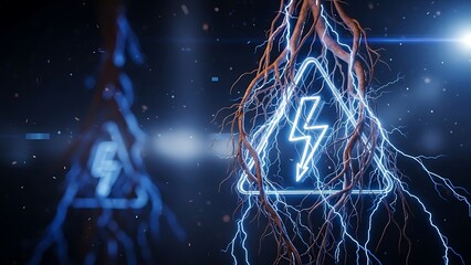 Stunning neon high voltage warning sign glowing amongst tangled roots with powerful blue lightning energy