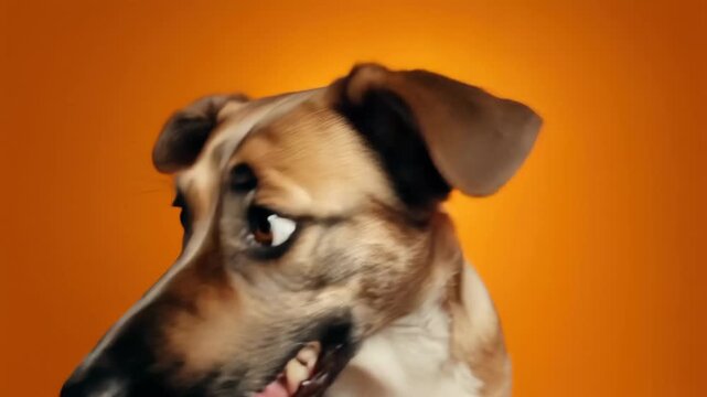 Happy dog with wide-open mouth against a bright orange background capturing pure joy and excitement during a playful moment
