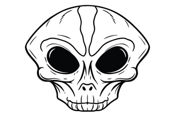 Monochrome Line Art of An Alien Skull with Large Black Eyes on White Backdrop