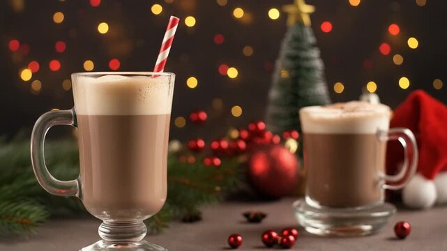 Imagen c&aacute;lida y festiva de caf&eacute;, cappuccino y chocolate caliente con crema, servidas en tazas y vasos sobre una mesa de madera decorada con nieve artificial, granos de caf&eacute;, canela y an&iacute;s estrellado.