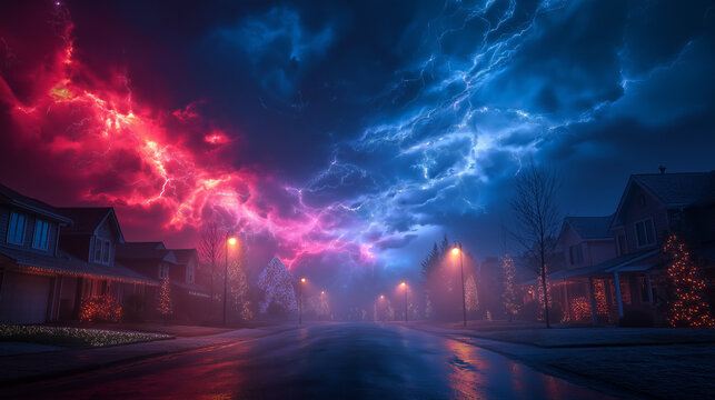 Supernatural Storm with Glowing Red and Blue Lightning Over Hawkins Suburbia