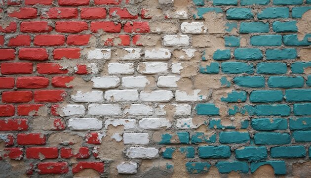Old brick wall with weathered colorful paint. Red white and turquoise bricks background. Urban texture of aged painted brickwork. Grunge backdrop of decay wall surface. Abstract pattern wall.