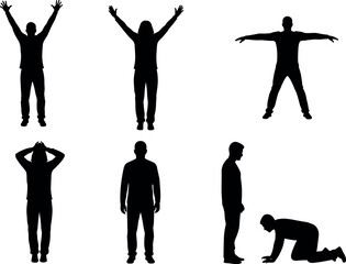Silhouette human poses collection showing diverse body gestures, expressive stances, emotional postures, and physical movements on white background.