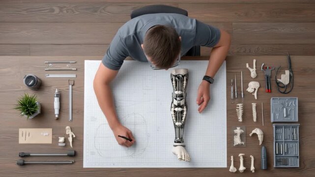 Design and Creation of Prosthetic Arm with Tools and Components on Drafting Table 4k video footage