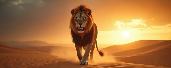 Majestic male lion walks through desert at golden sunset. Lion of Judah Jesus Christ, spiritual strength, kingship. Powerful biblical animal represents faith, divine leadership in wilderness,
