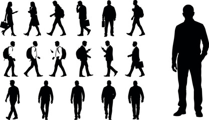 Silhouettes of diverse people walking and standing with bags, phones, casual and business postures for urban design concepts